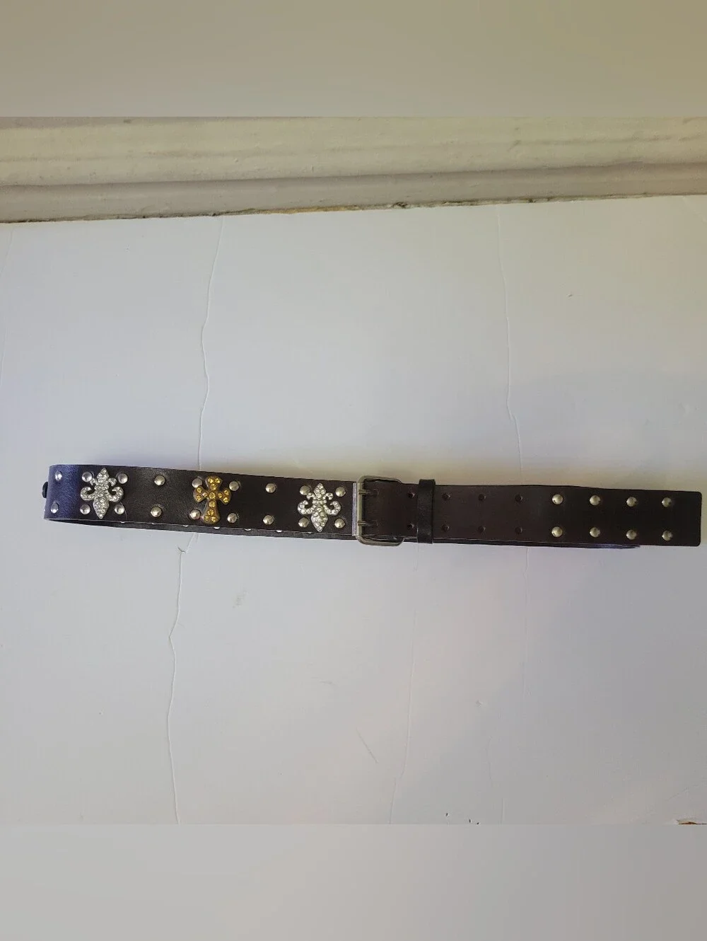Western Studded Brown Leather Belt with Crystal Accents EUC L Cowboy Rodeo